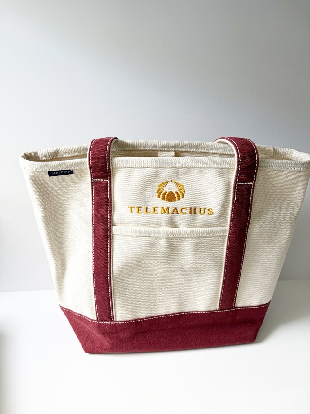 Lands End Medium Canvas Tote Bag in Cream and Burgundy with Telemachus Logo Open